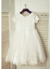 Ivory Satin Tulle Lace Scalloped Neckline Knee Length Flower Girl Dress